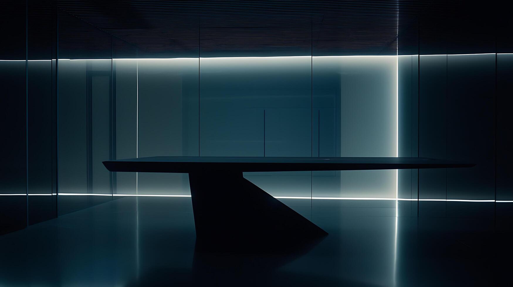 Sleek Modern Table in a Dark Minimalist Room with Soft Lighting. A futuristic interior design image featuring a unique table and modern architectural elements. photo