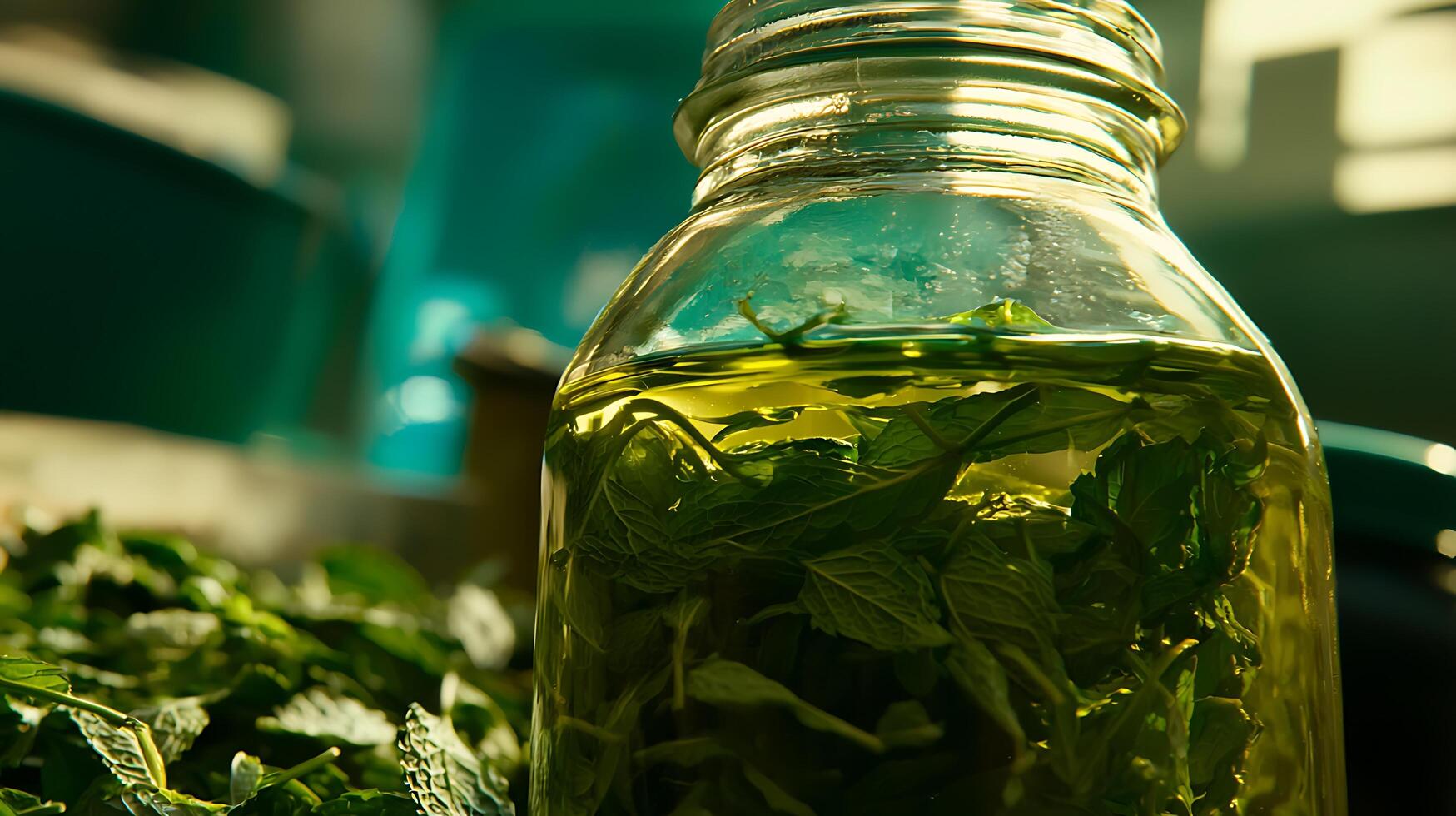 Close up of a Glass Jar Filled with Fresh Mint Leaves and Oil. photo