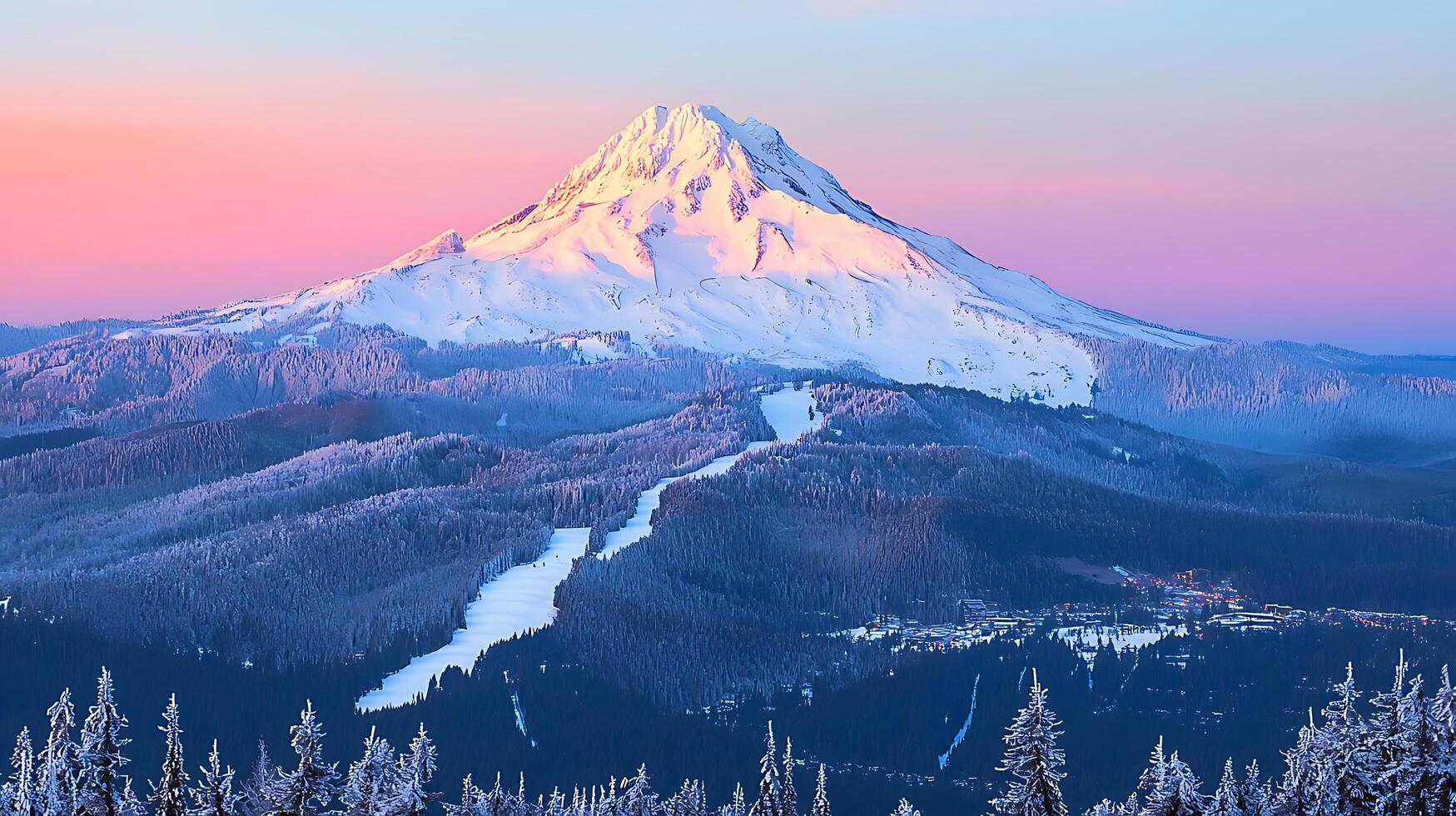 Majestic Snow-Capped Mountain at Sunrise, Winter Wonderland Landscape. photo