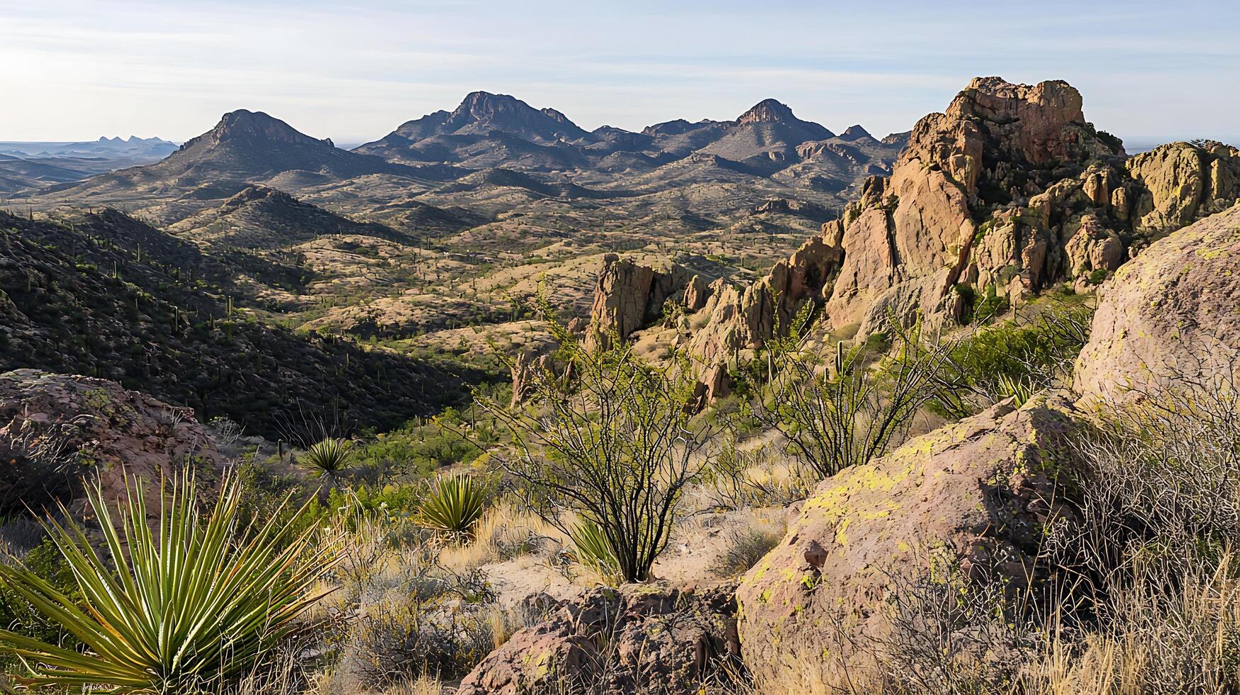 Majestic Mountain Range and Desert Landscape Panorama. A breathtaking view of rugged peaks and desert flora in the southwestern United States. photo