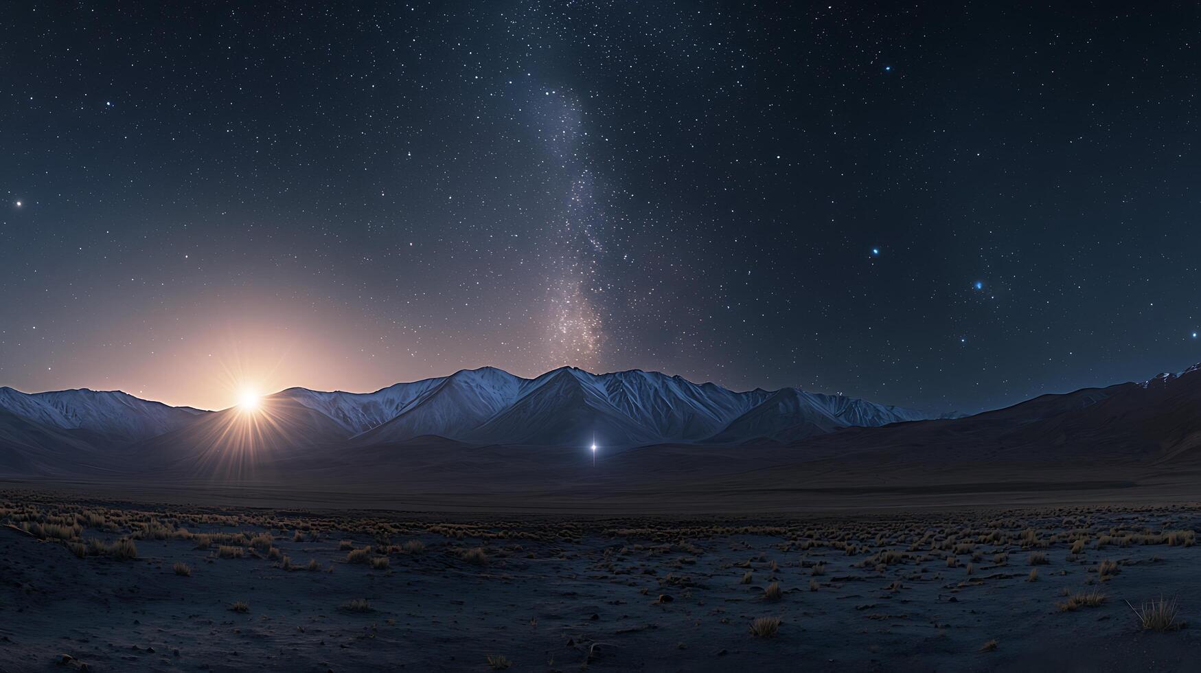 Majestic Mountain Range Under a Starry Night Sky with Rising Sun. A breathtaking panorama showcasing the beauty of a snow-capped mountain range at dawn under a sky filled with stars and the Milky Way. photo