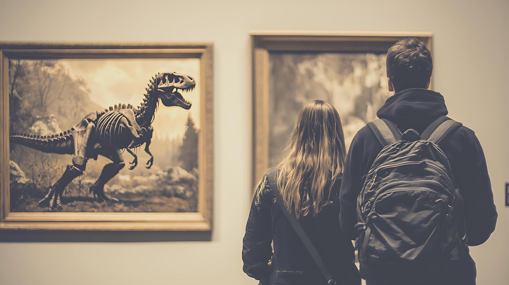Couple Admiring Dinosaur Fossil Artwork in Art Gallery. photo