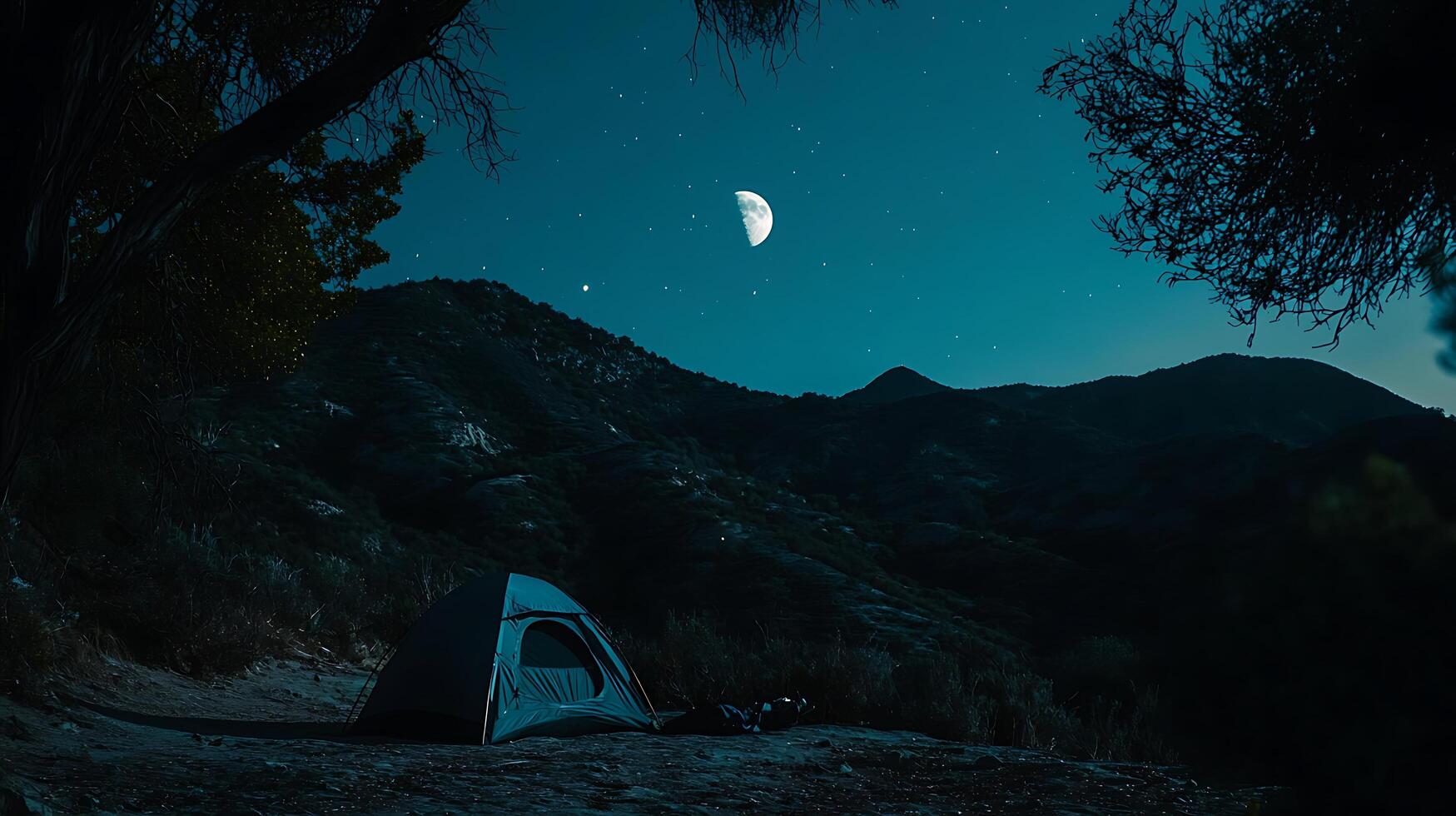 Night Camping Scene Tent Under a Half Moon and Starry Sky. photo