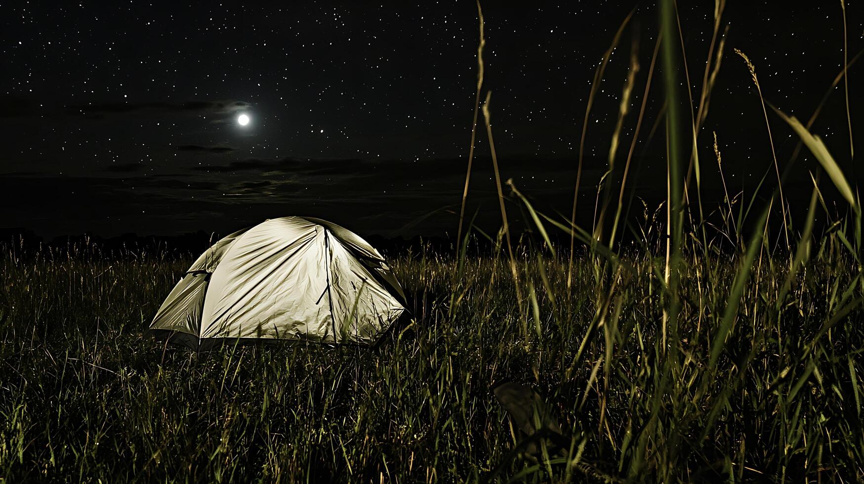 Illuminated Tent Under a Starry Night Sky. A lone tent sits in a field of tall grass, bathed in the soft glow of the moon and starlight. photo