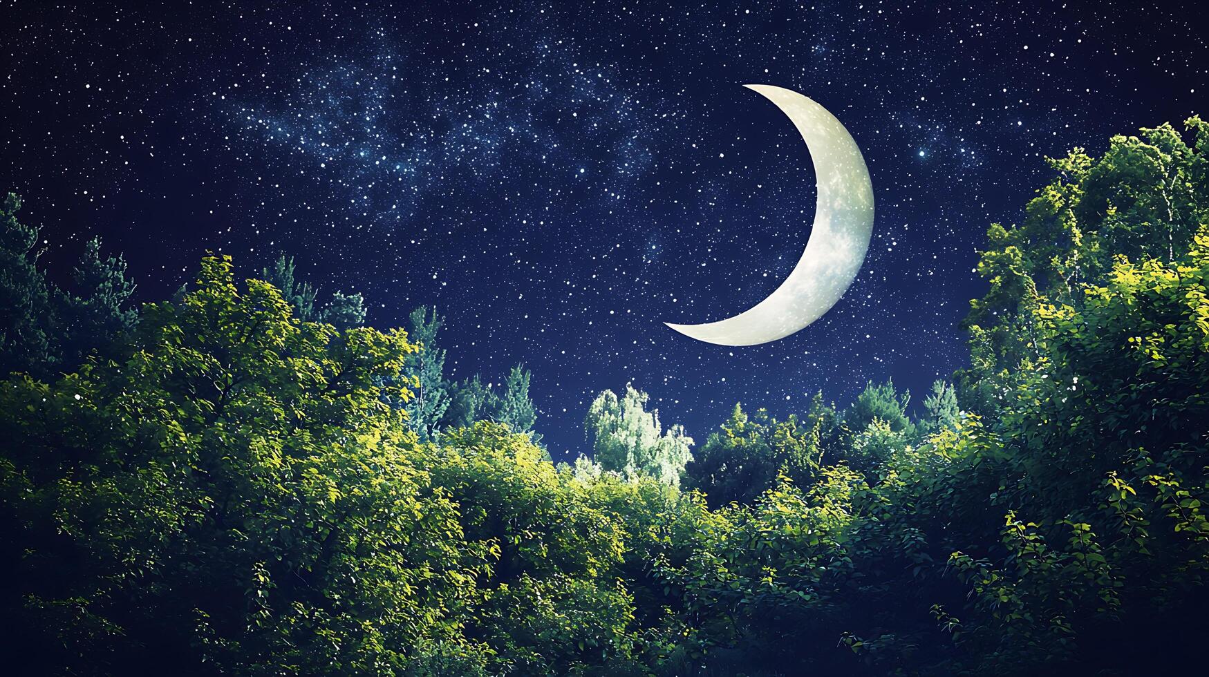 Crescent Moon over Lush Forest at Night. A serene image of nature's beauty under the starry sky. photo