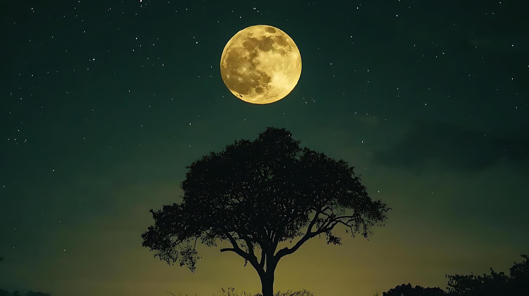 Serene Night Scene Lone Tree Silhouetted Against a Full Moon and Starry Sky. photo