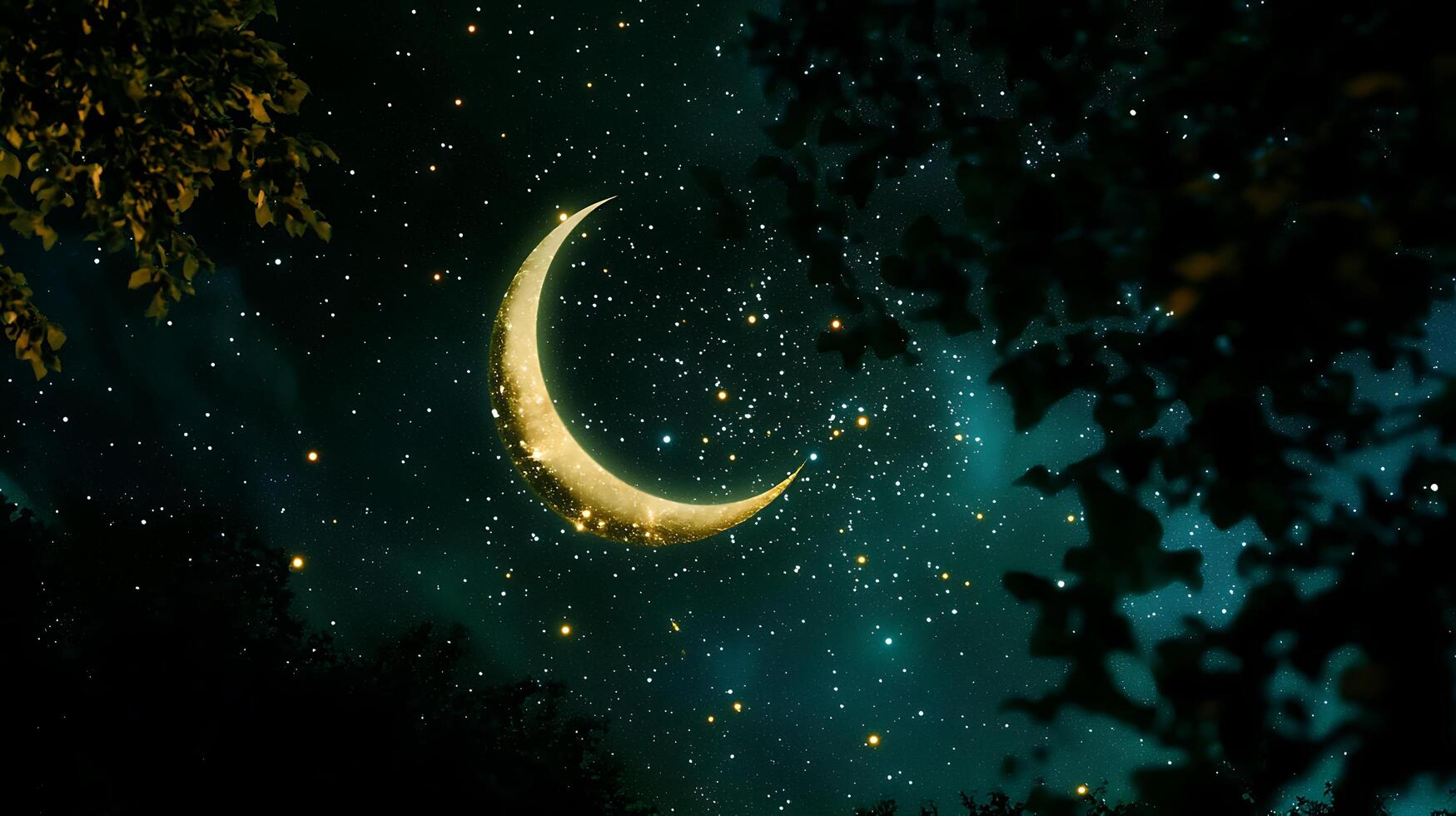 Golden Crescent Moon and Starry Night Sky Seen Through Silhouetted Trees. photo