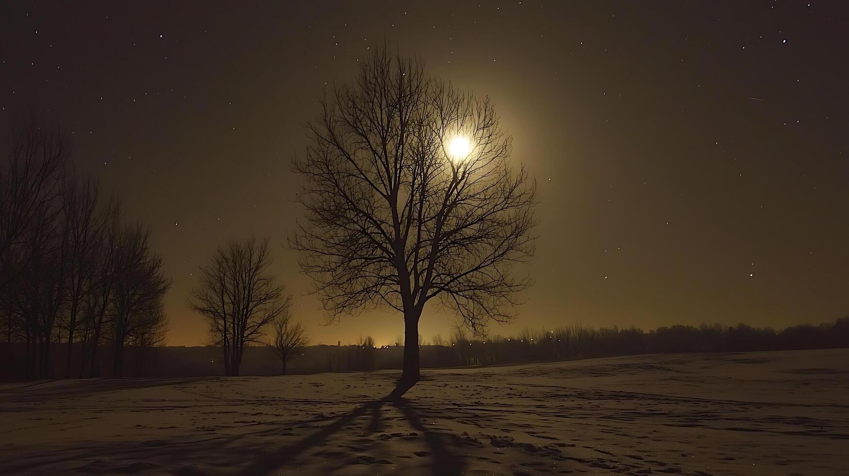 Serene Night Scene A Lone Tree Silhouetted Against a Bright Moon and Starry Sky. photo