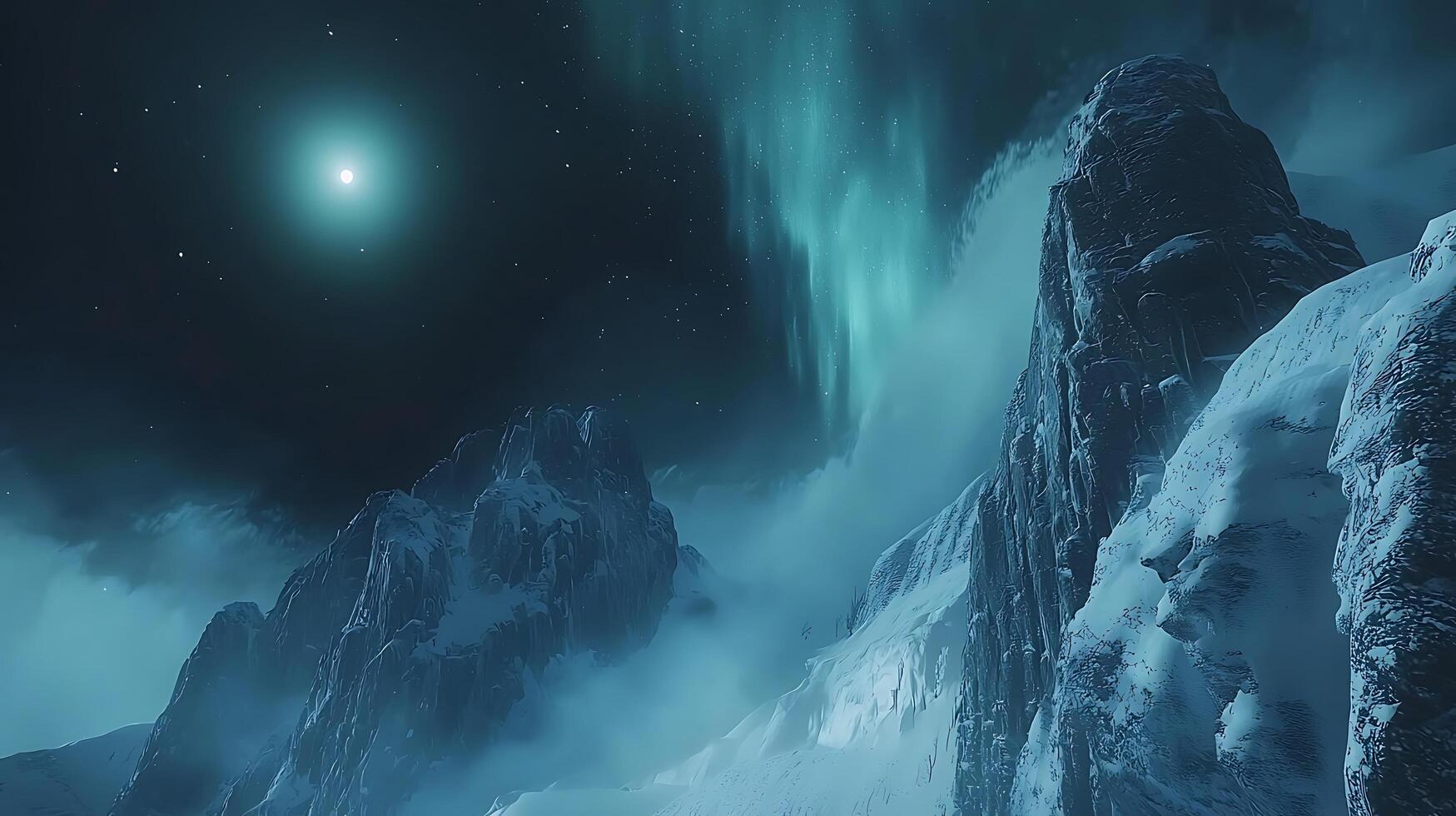 Majestic Night Scene of Snow Covered Mountains with Aurora Borealis. A breathtaking view of a winter landscape under the Northern Lights. photo