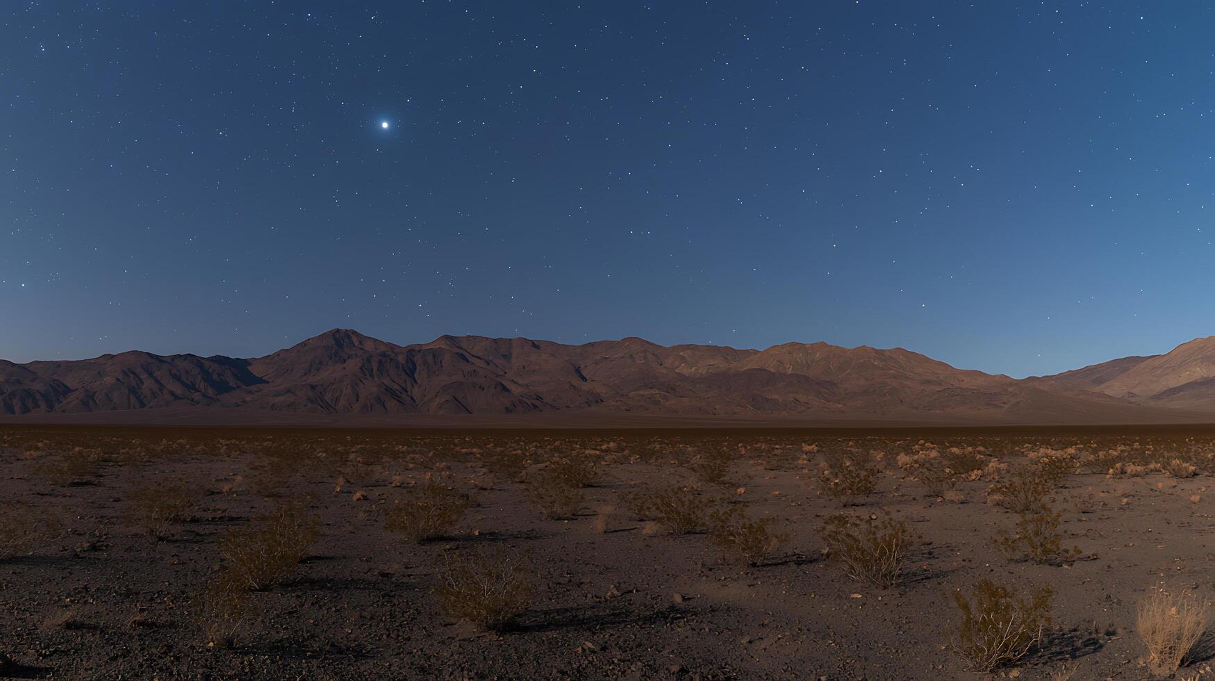 Night Sky over Desert Landscape with Mountain Range. A serene image of stars shining brightly over a vast desert plain and distant mountains. photo