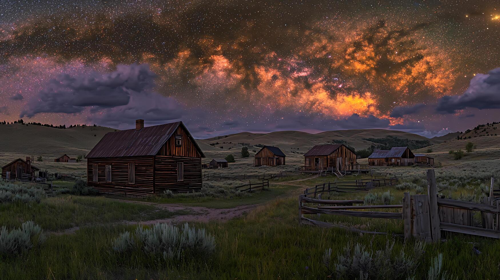 Starry Night over Abandoned Western Town Rustic Cabins Under the Milky Way. photo