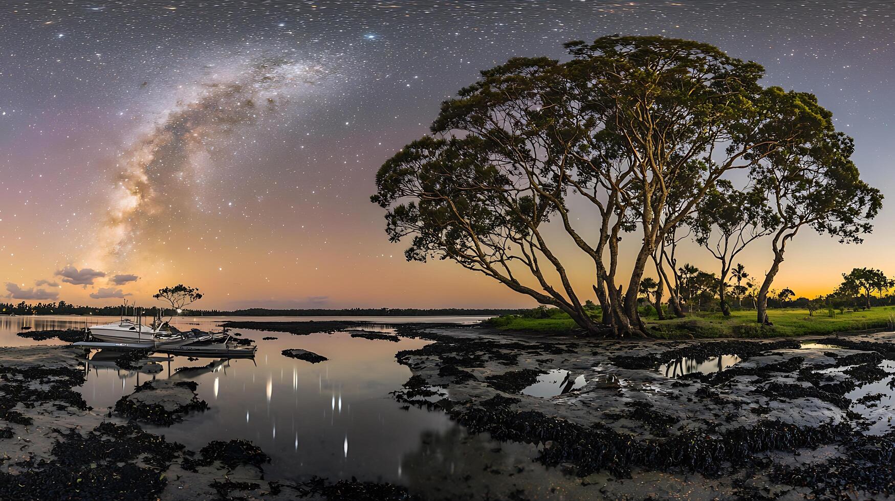 Serene Night Scene Boats Moored Under the Milky Way. photo