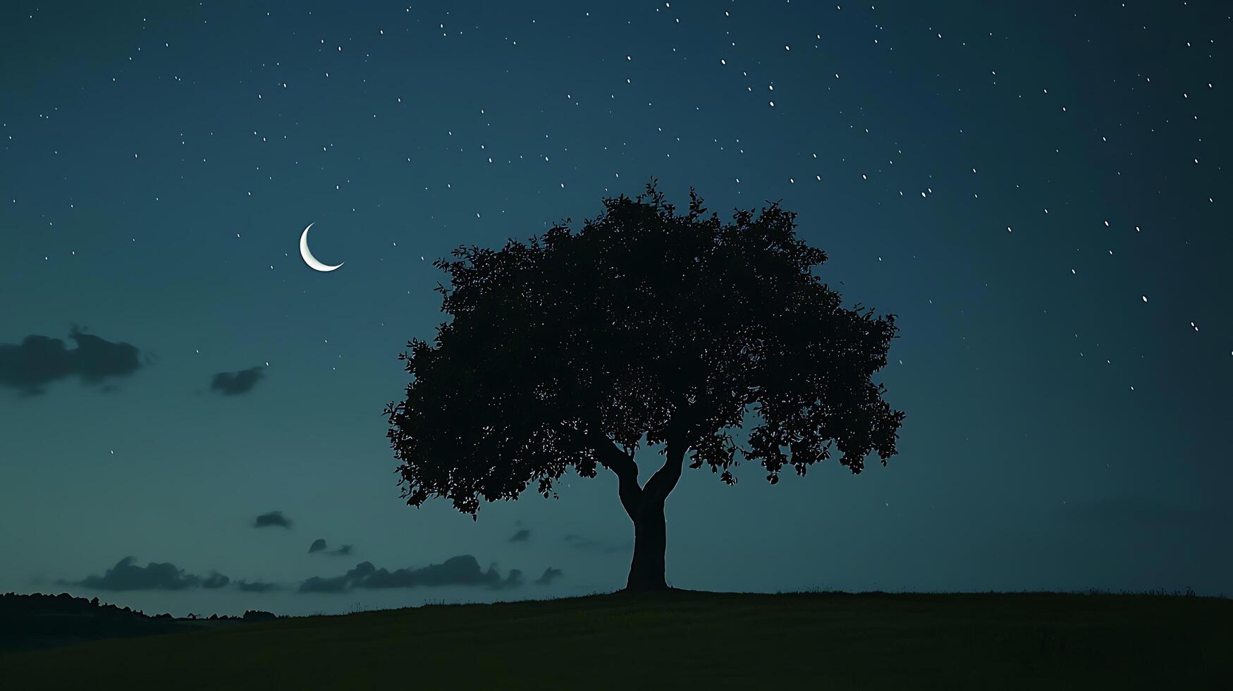 Solitary Tree Silhouette Under a Crescent Moon and Starry Night Sky. photo