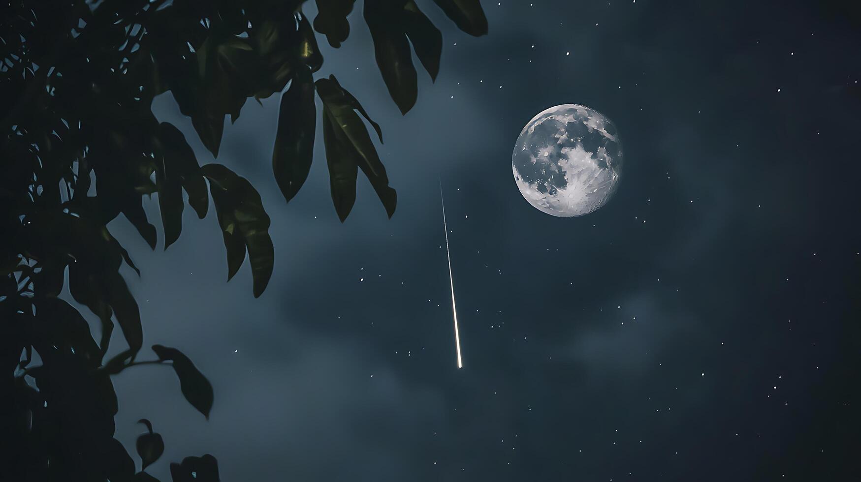 Serene Night Sky Full Moon, Shooting Star, and Silhouetted Leaves. photo