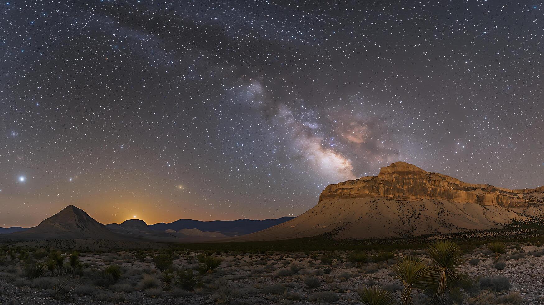 Night Sky over Desert Landscape with Milky Way and Mountains. A stunning panorama of the night sky, showcasing the Milky Way galaxy above a dramatic desert mountain range. photo