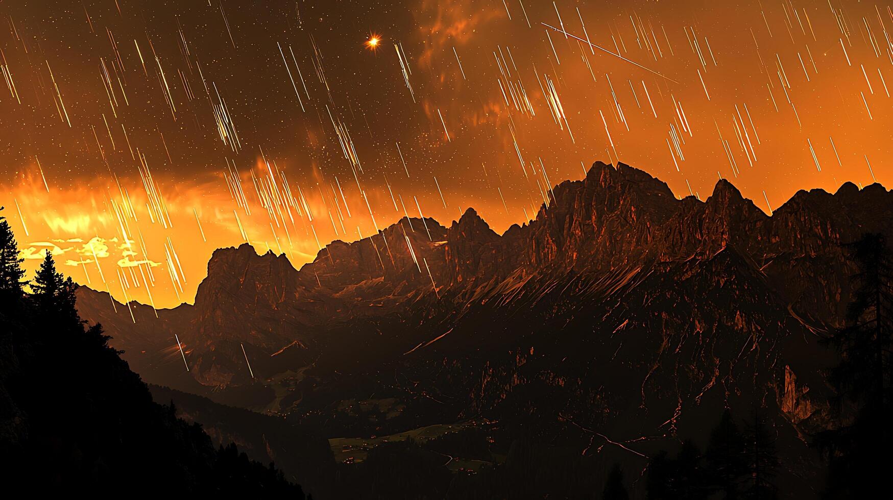 Dramatic Night Sky Over Mountain Range with Shooting Stars. A fiery sunset illuminates the peaks as streaks of light cross the heavens. photo