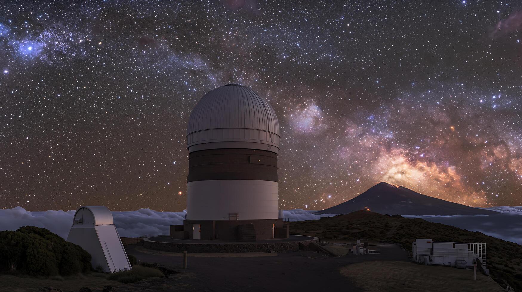 Observatory at Night with Milky Way and Volcanic Peak. A breathtaking astronomical landscape. photo