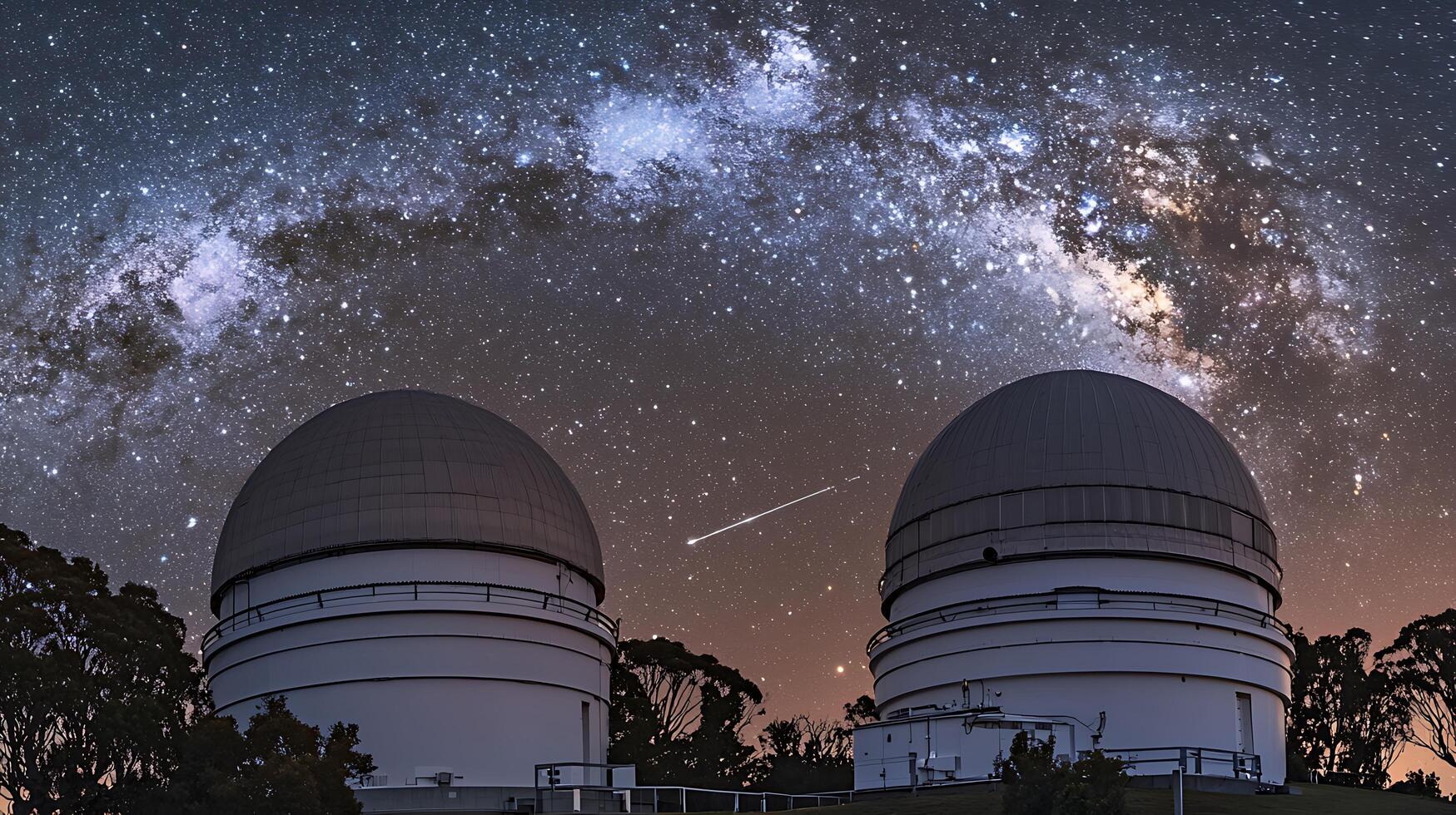 Twin Observatories under a Starry Night Sky with the Milky Way. A breathtaking night scene featuring astronomical research facilities and celestial wonders. photo