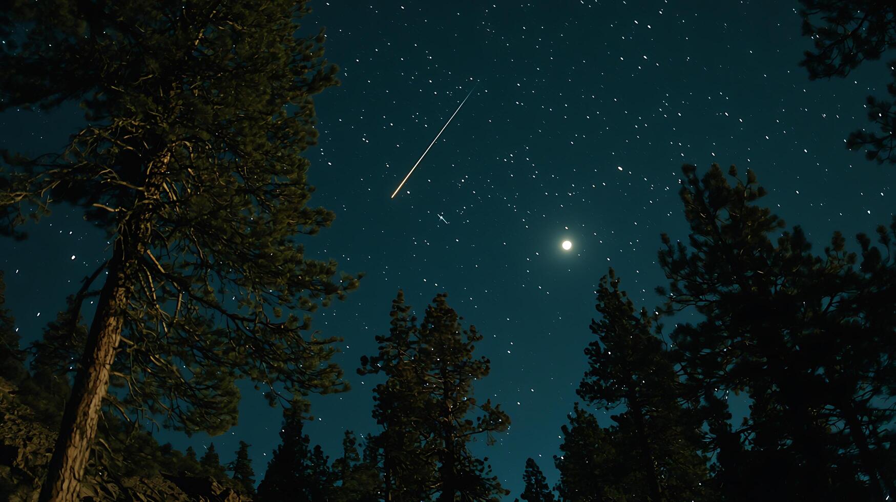 Night Sky Scene with Shooting Star Over Pine Trees and Moon. A breathtaking long exposure photograph. photo