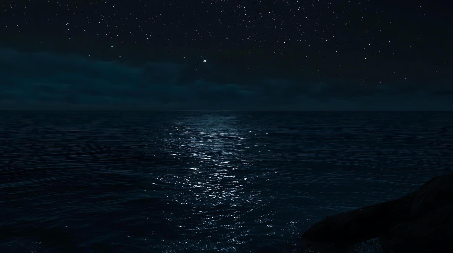 Serene Nighttime Seascape Moonlit Ocean Under a Starry Sky. photo