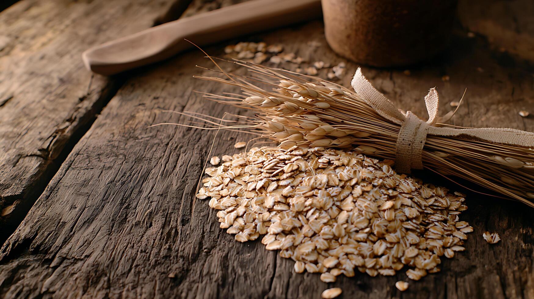 Rolled Oats and Wheat on Rustic Wooden Surface. A close up image of oats and a bundle of wheat stalks on a weathered wooden background. photo