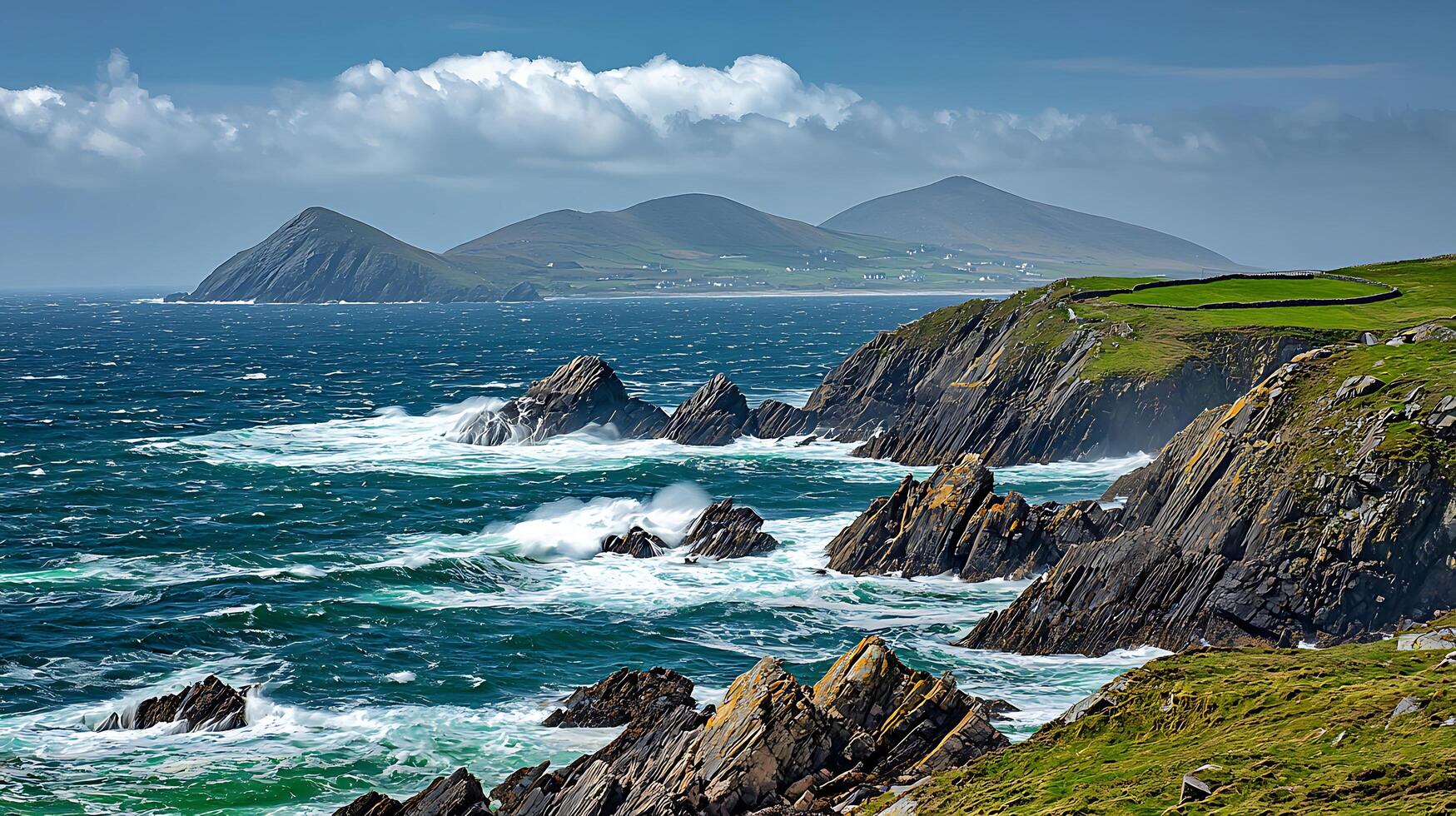 Dramatic Ocean Waves Crashing Against Rugged Coastal Cliffs and Islands. photo
