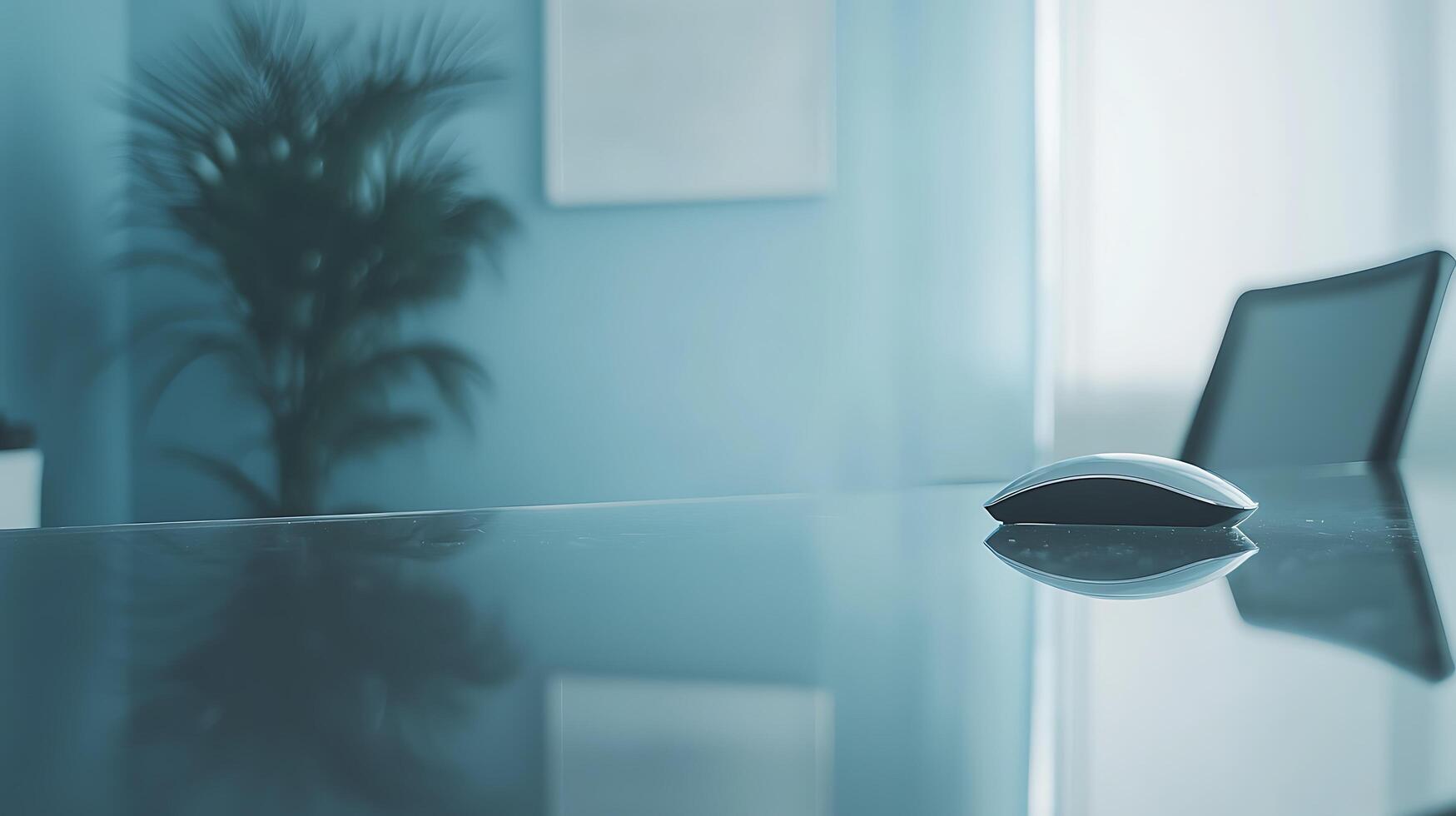 Modern Office Workspace A Close Up of a Computer Mouse on a Glass Desk. photo