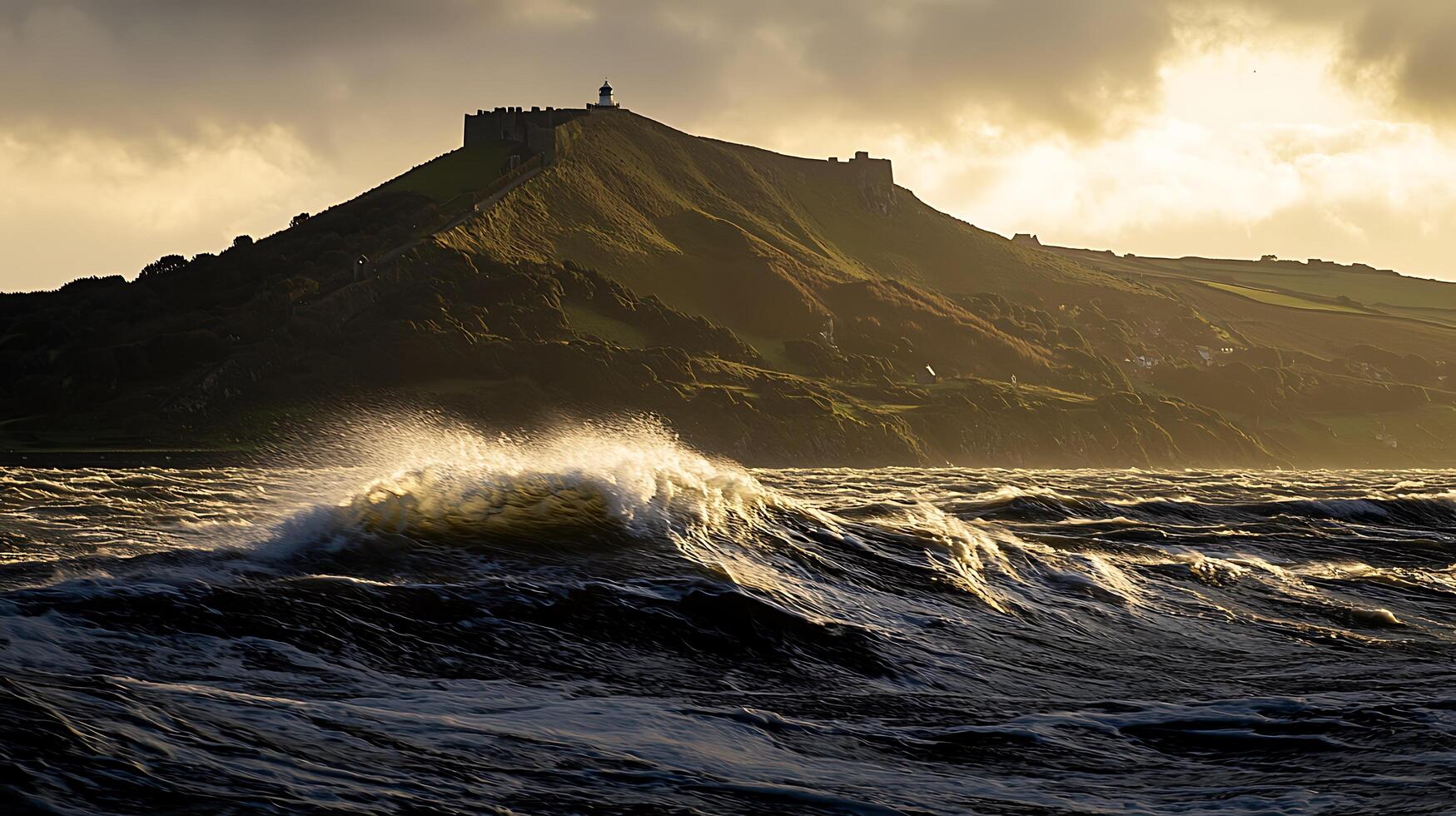 Dramatic Sunset Over Coastal Cliffs with Crashing Waves and Lighthouse. photo