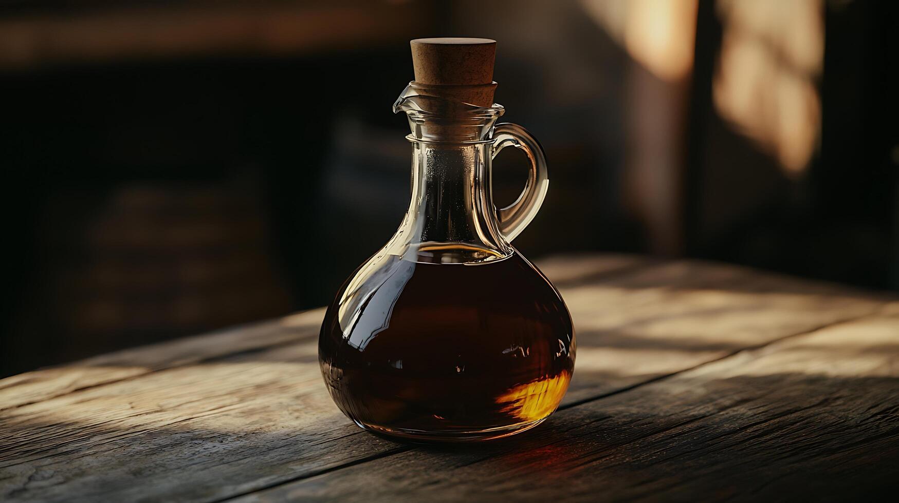 Glass decanter of dark oil on rustic wooden table. photo