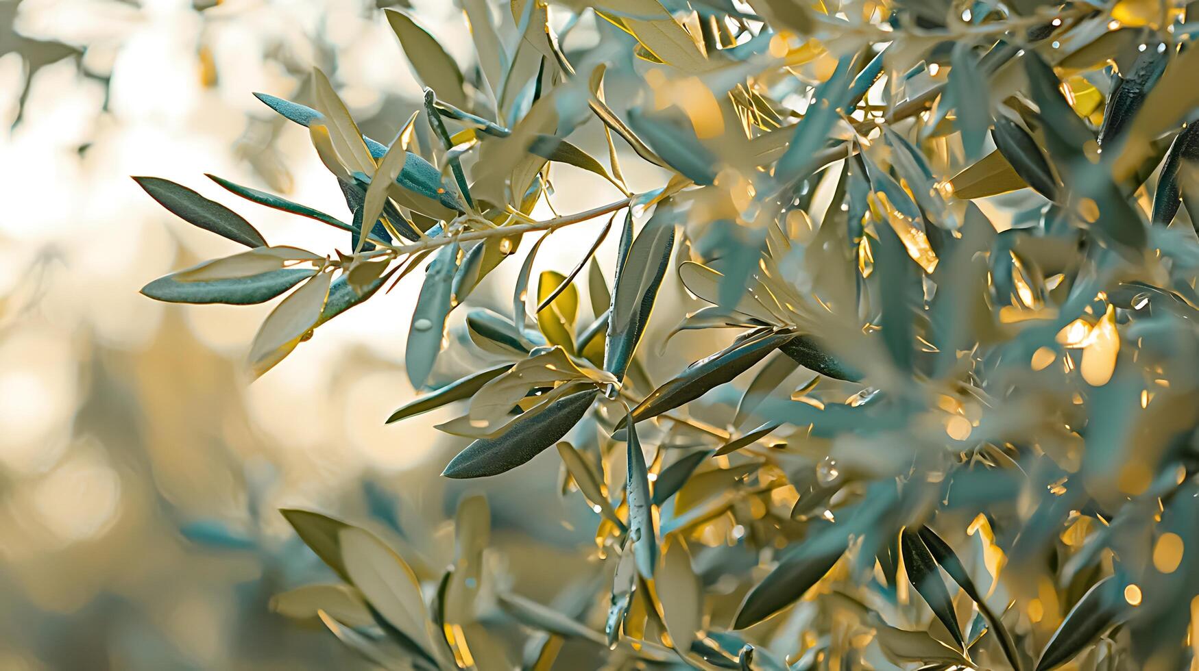 Olive Branch Close Up Sunlit Leaves and Dewdrops. photo