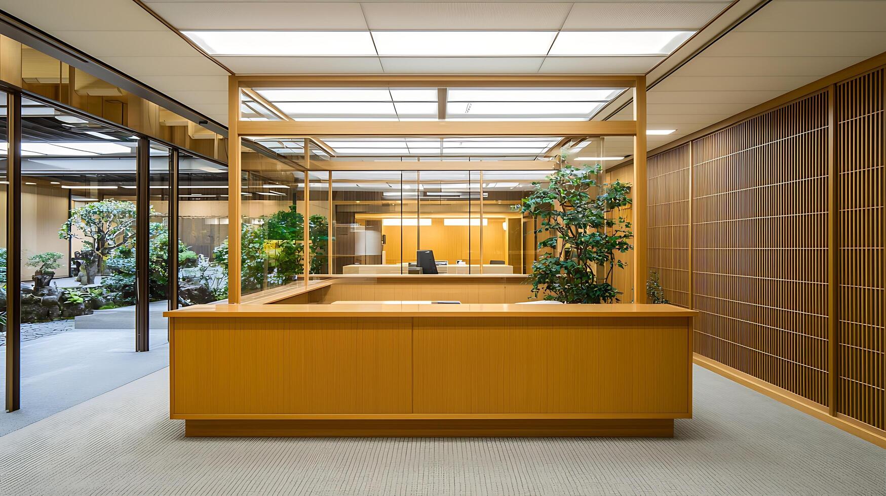 Modern Office Reception Area with Zen Garden View. A contemporary office interior featuring a light wood reception desk and tranquil Japanese-inspired design elements. photo