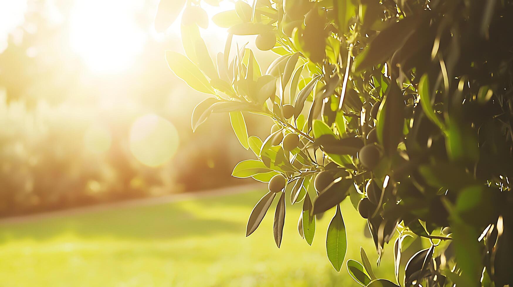 Sunlit Olive Branch with Ripe Olives and Lush Green Leaves. photo