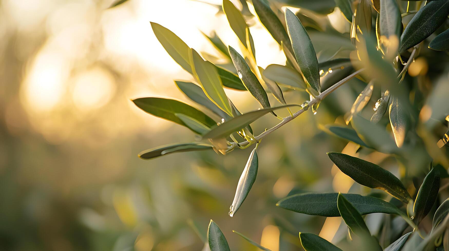 Close up of Olive Branch with Dew Drops at Golden Hour. A detailed image showcasing the intricate details of olive leaves bathed in warm sunlight. photo