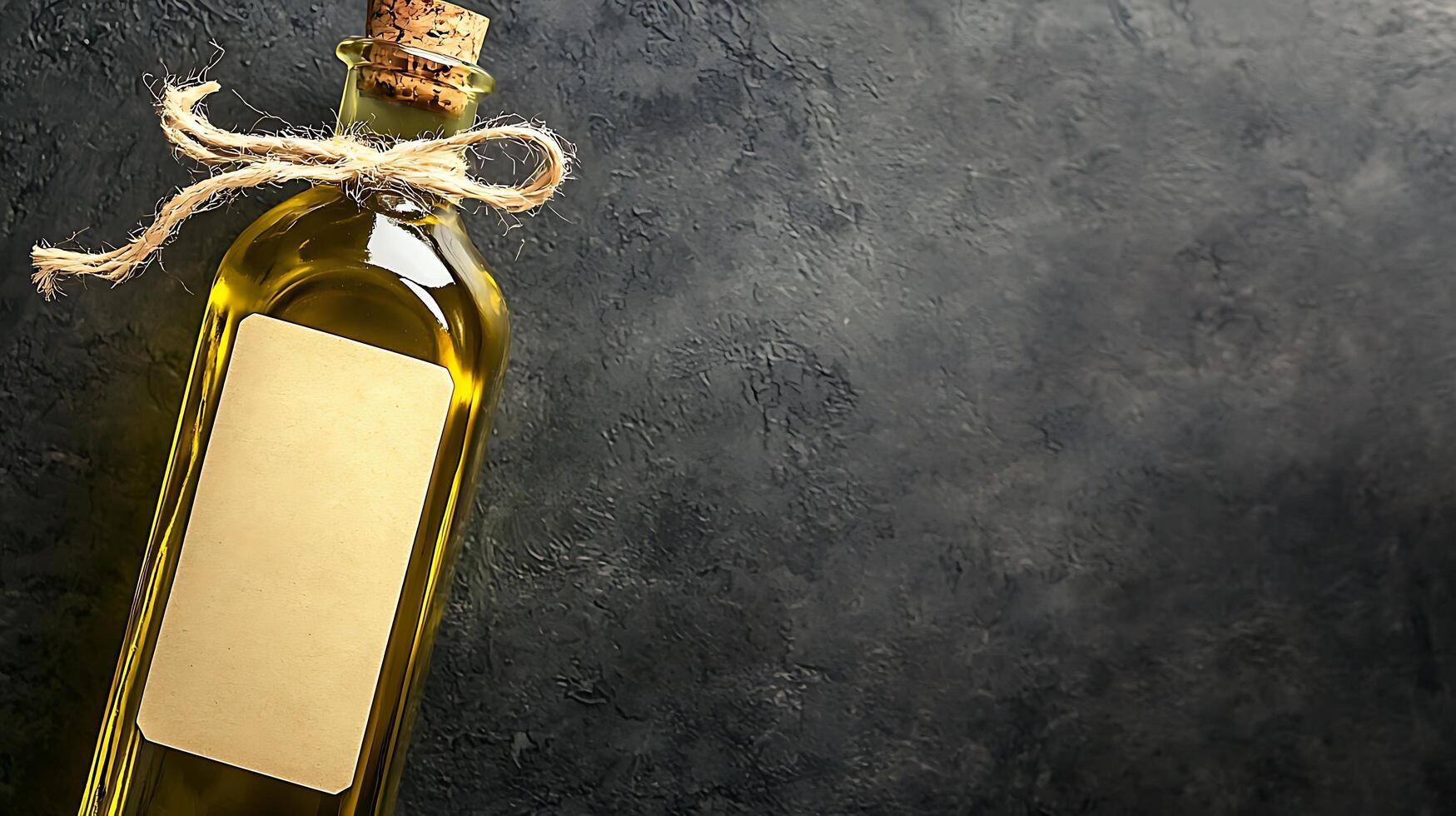 Bottle of Olive Oil with Blank Label on Dark Background Culinary and Branding Mockup. photo