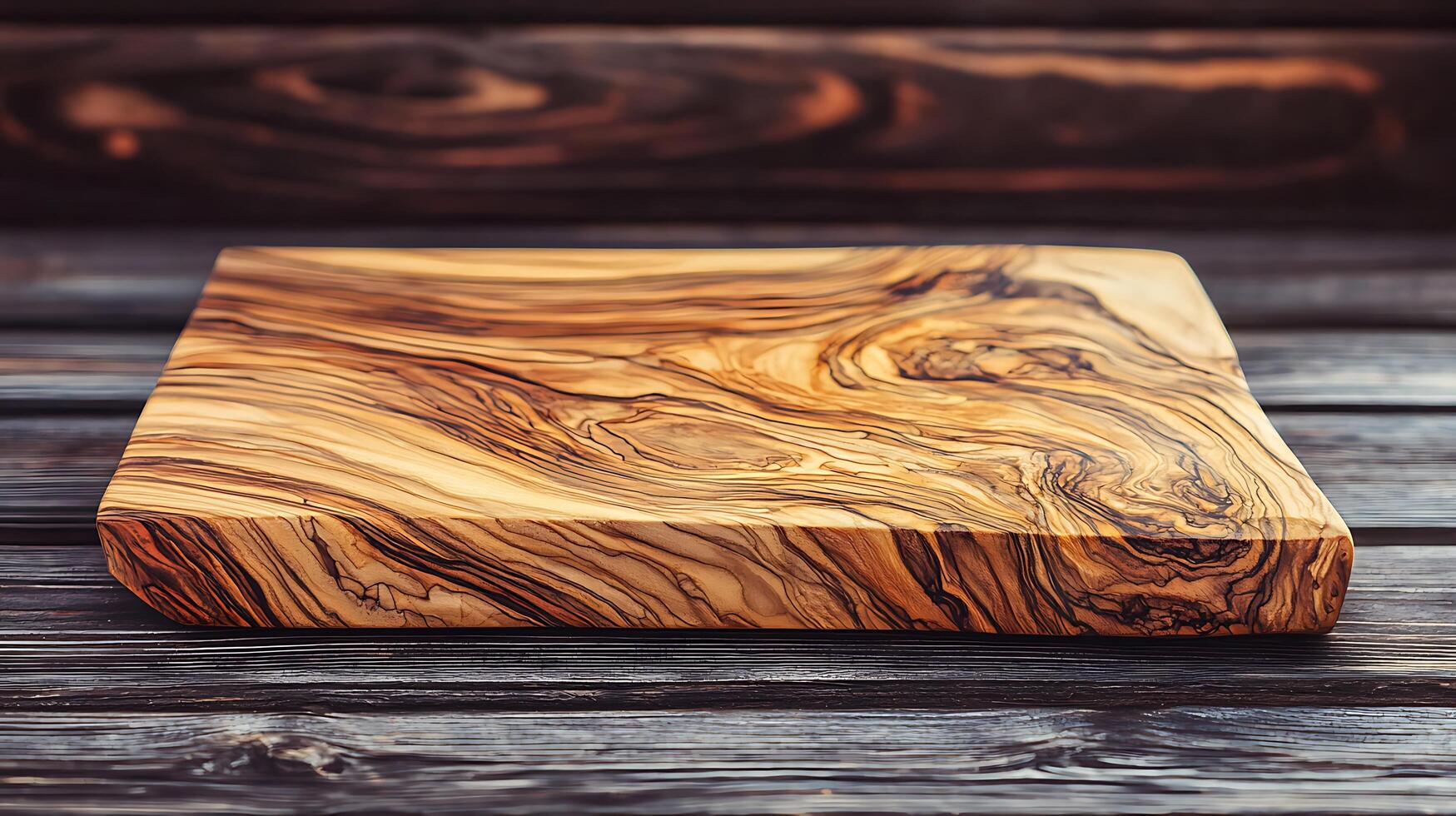 Richly Textured Olive Wood Cutting Board on Dark Wooden Surface. A close up showcasing the natural beauty of the wood grain. photo