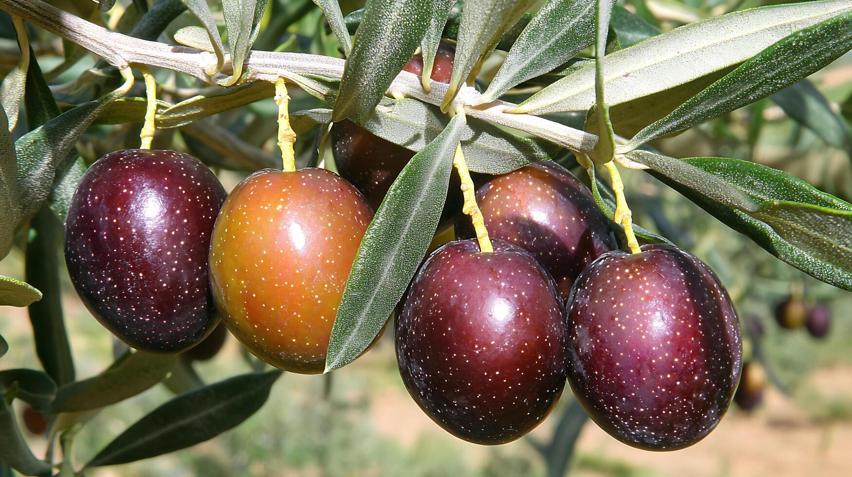 Ripe Olives on the Branch Close Up of Luscious Fruit Hanging from an Olive Tree. photo