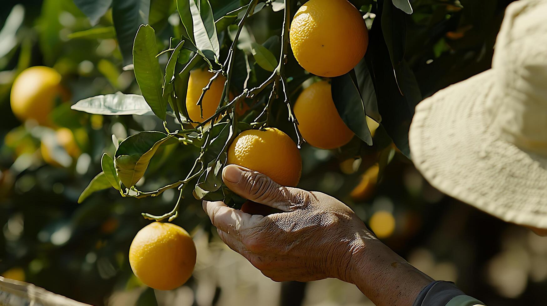 A Farmer's Hand Gently Picking Ripe Oranges from a Branch. photo
