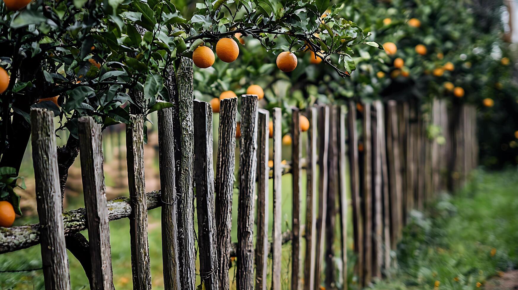 Rustic Wooden Fence with Ripe Oranges Hanging from Branches. A picturesque autumn scene of a weathered fence lined with vibrant citrus trees. photo