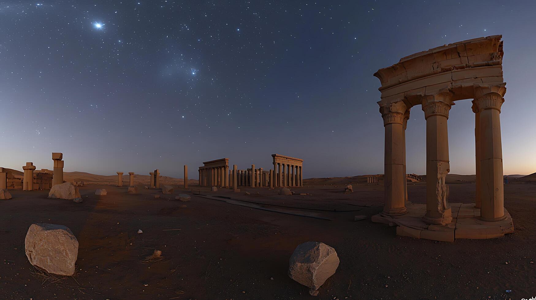 Ancient Ruins Under a Starry Night Sky Palmyra, Syria. photo