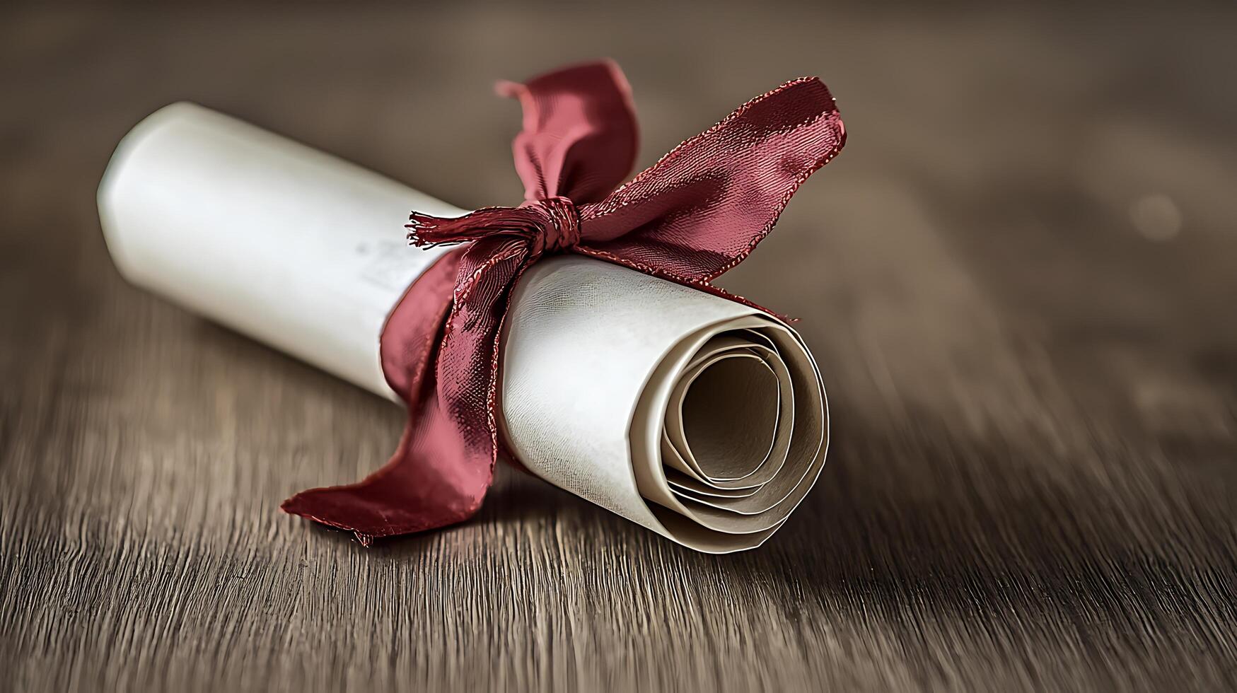 Rolled parchment tied with a burgundy ribbon on a wooden surface. A close up image of a symbolic document. photo