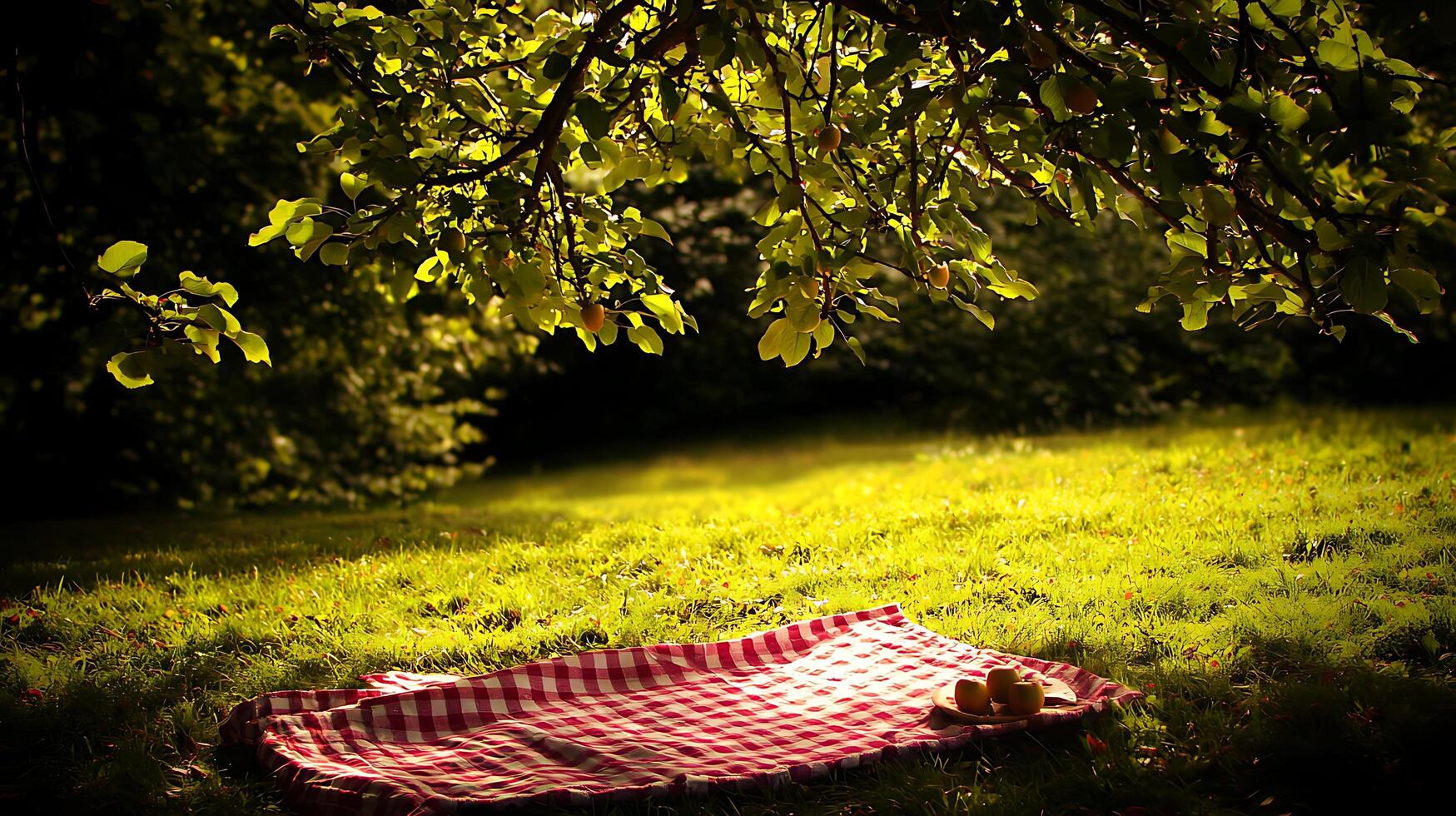 Idyllic Picnic Scene Red and White Checkered Blanket Under a Fruit Tree. photo