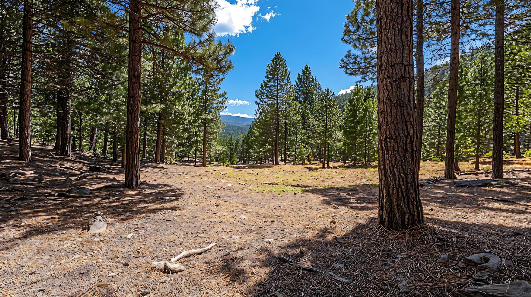 Serene Pine Forest Clearing with Mountain View. A picturesque landscape of tall pines and a sunlit forest floor leading to distant mountains under a bright blue sky. photo
