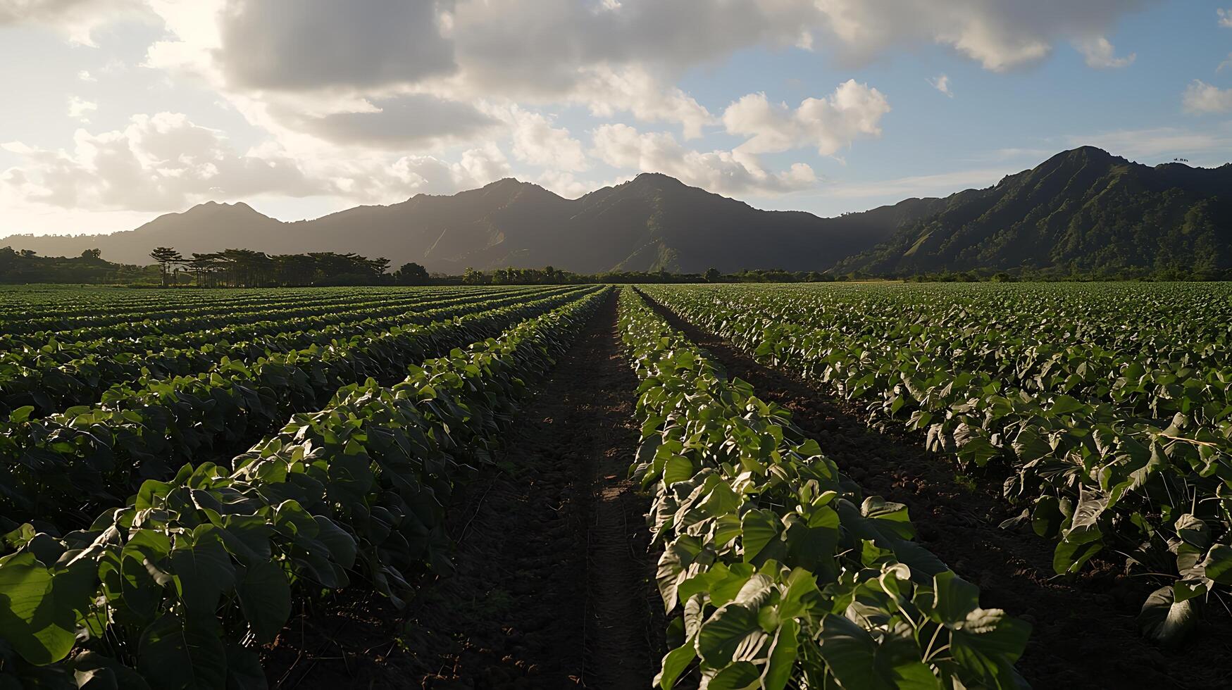 Lush Green Plantation Rows Against a Dramatic Mountain Range. photo