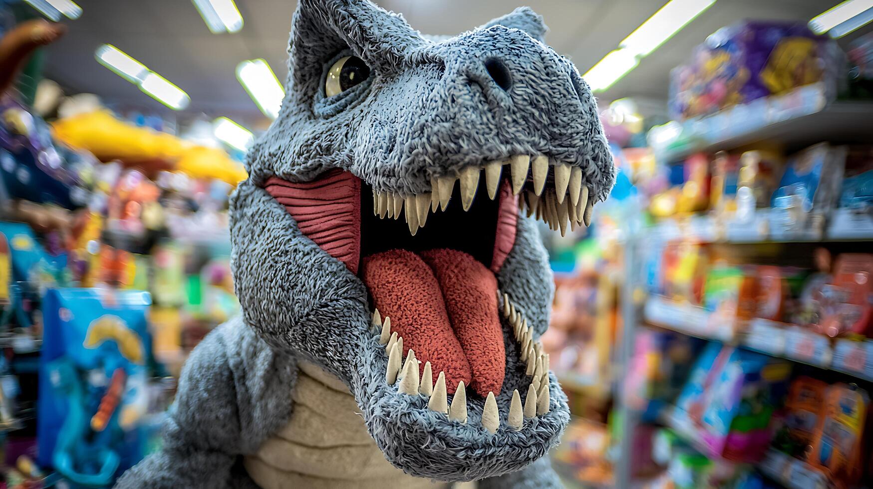 Close up of a Gray Plush Dinosaur Toy in a Toy Store. photo