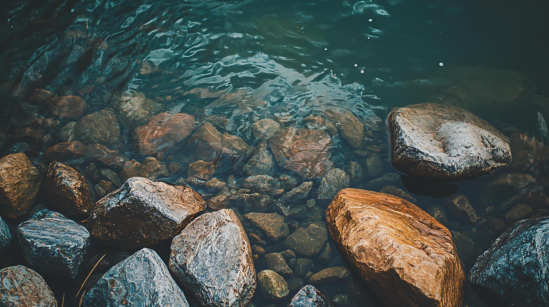 Tranquil River Scene Smooth Water Over Colorful Rocks. photo