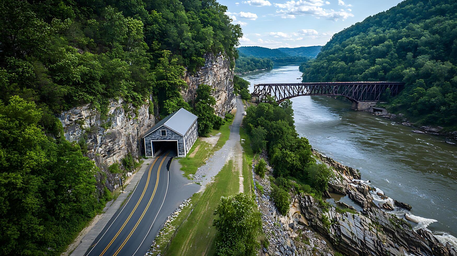 Scenic Aerial View of a River Valley with a Historic Railroad Bridge and Tunnel. photo