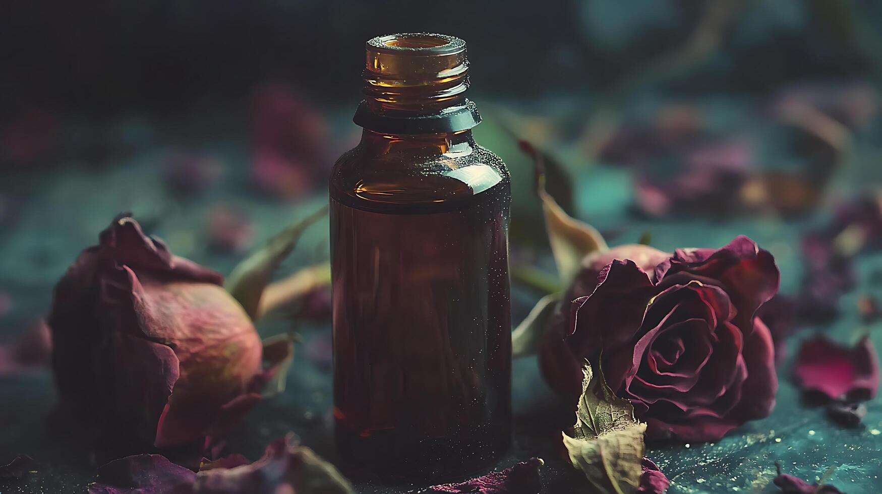 Amber Bottle of Rose Essential Oil Amidst Dried Roses. A close up image perfect for aromatherapy, beauty, or spa branding. photo