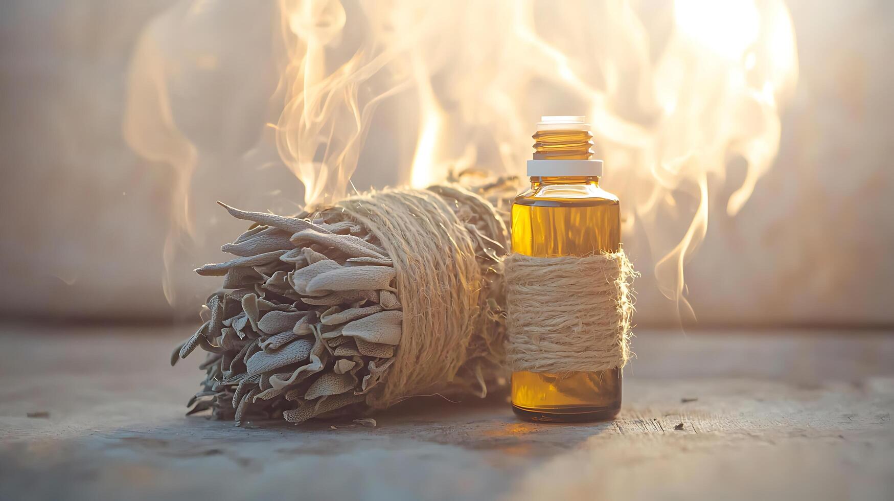 Smudging Ceremony White Sage Bundle and Essential Oil Bottle. photo