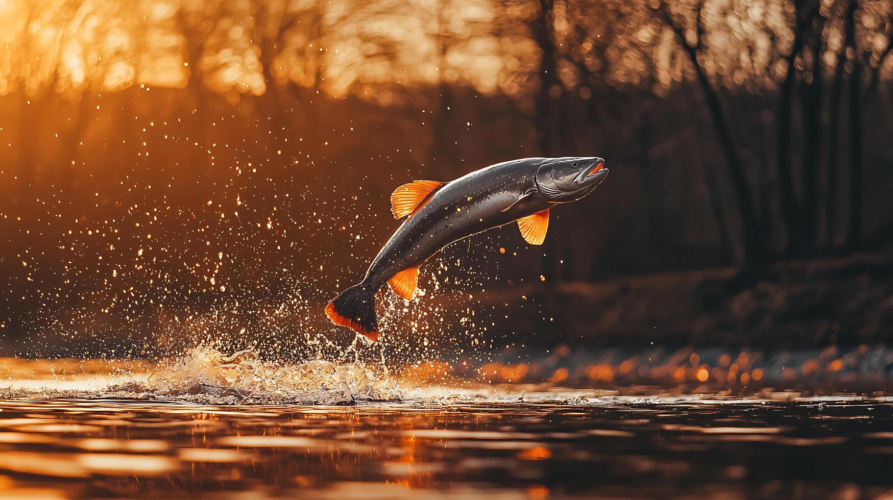 Salmon leaping from the water at sunset, a breathtaking nature scene. photo