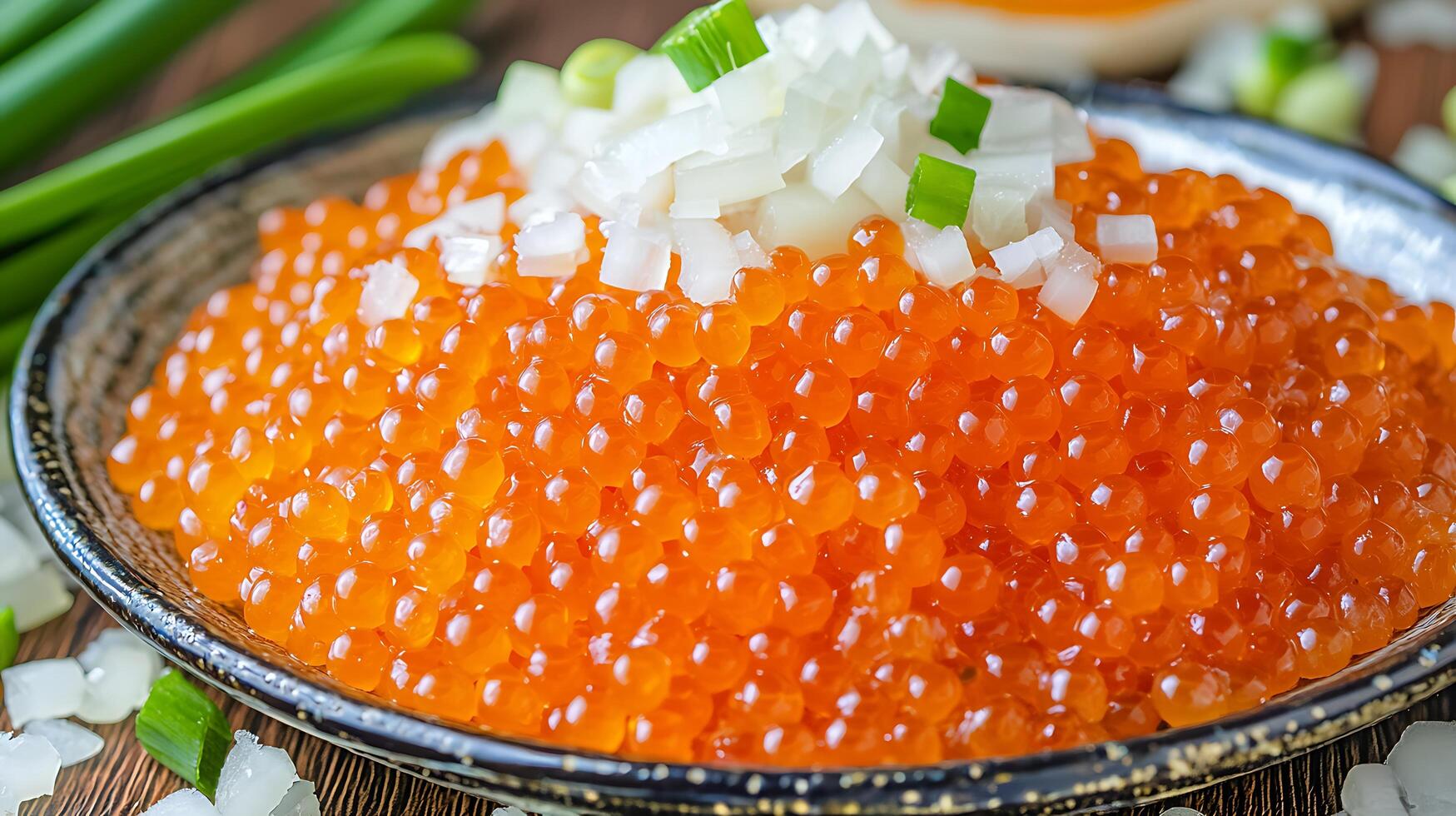 Close Up of Salmon Roe with Chopped Onions. A delectable image of fresh salmon eggs garnished with finely diced white and green onions. photo
